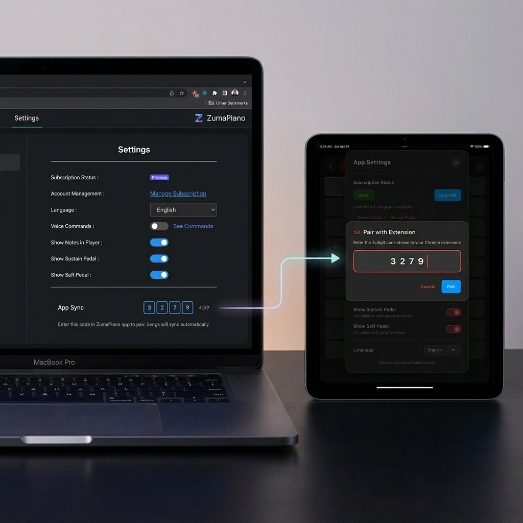 ZumaPiano device pairing screen showing 4-digit code sync between extension and mobile app