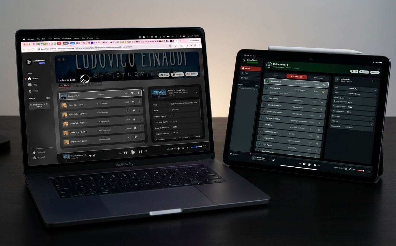 ZumaPiano ecosystem: extension and mobile app showing the same synced Ludovico Einaudi library