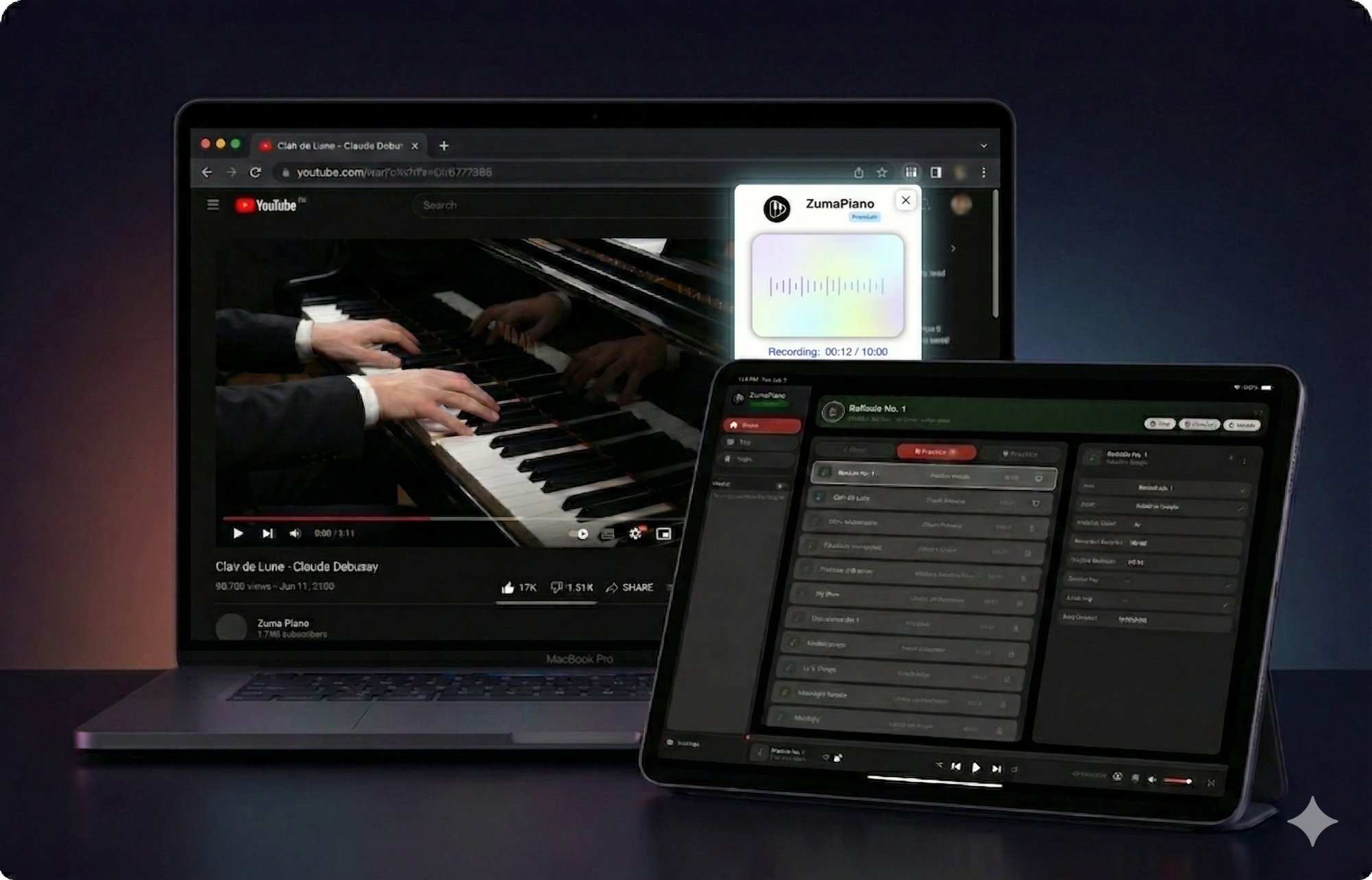 ZumaPiano Chrome extension recording Clair de Lune from YouTube, with the mobile app showing the synced library
