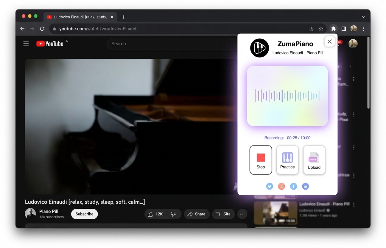 ZumaPiano extension recording a piano performance from a web browser