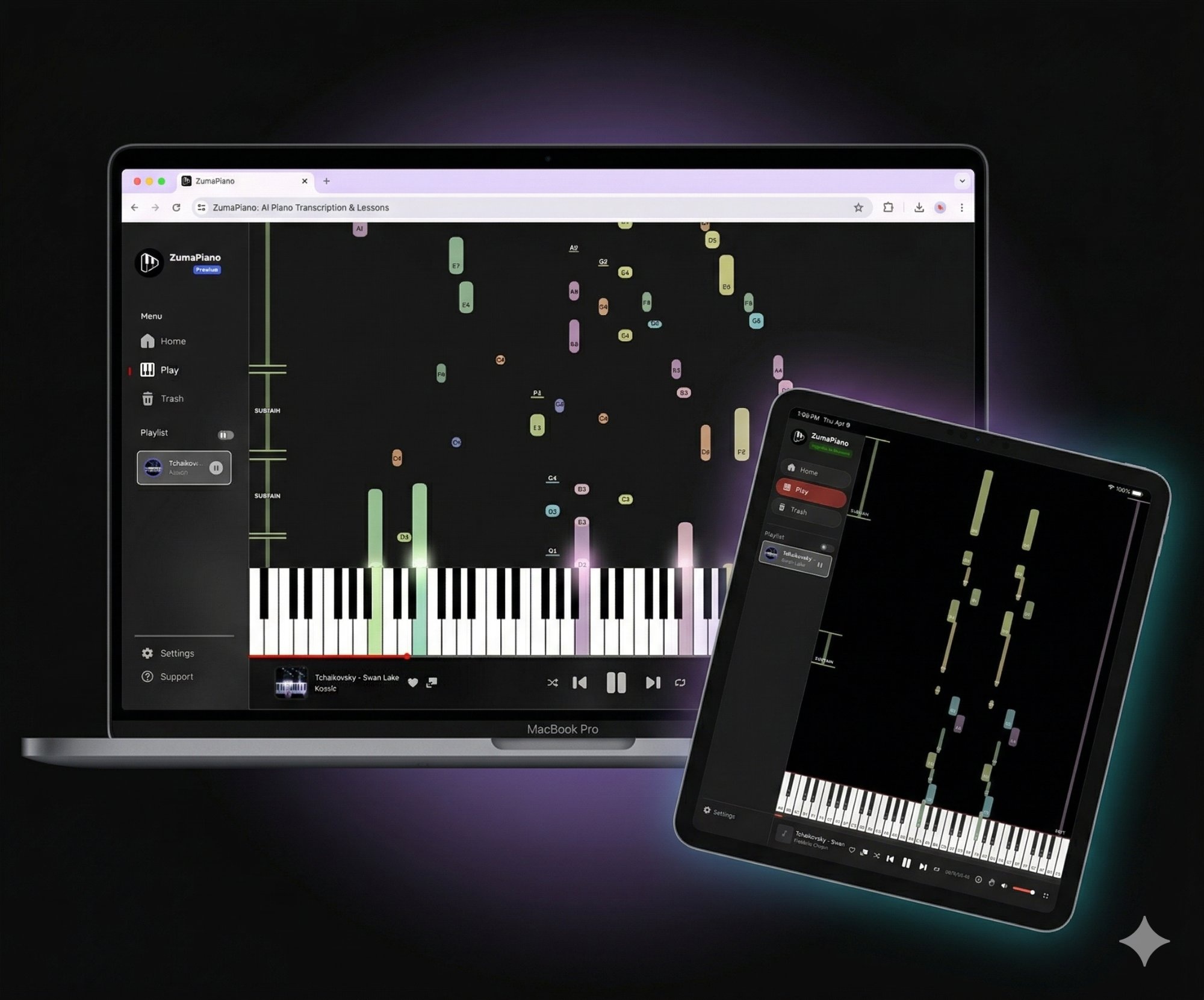 ZumaPiano waterfall visualization with color-coded falling notes and practice controls